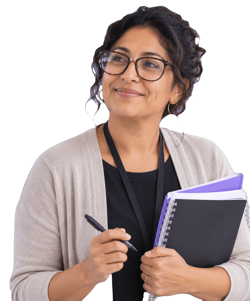 A teacher holding lesson notes.