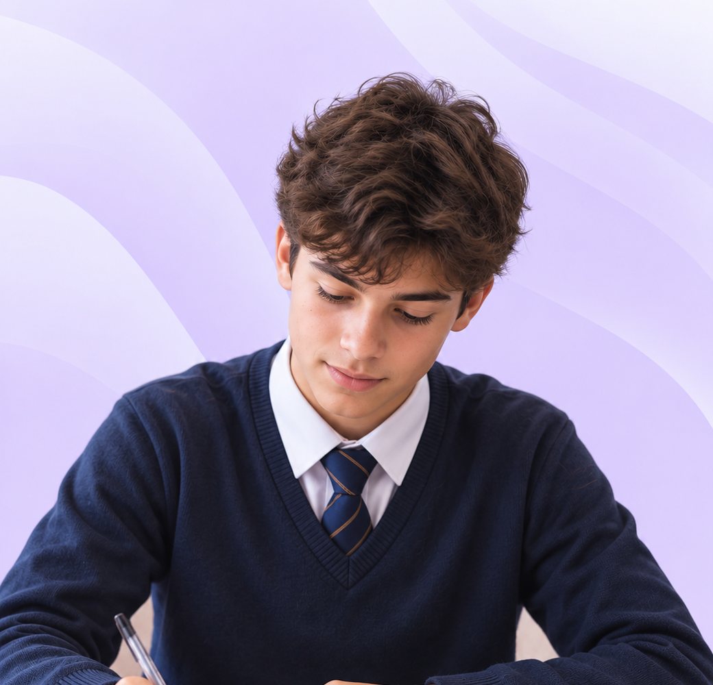 A secondary-school student working through a maths problem on paper.